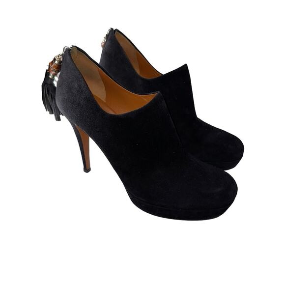 Gucci Betty‎ Black Suede Bamboo Tassel Platform Ankle Booties Sz 37.5 - Picture 1 of 13